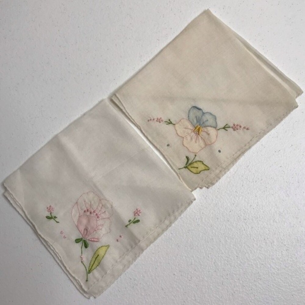 Vintage Pair Embroidered Flower Handkerchiefs White Cotton Blue Pink 60s 70s